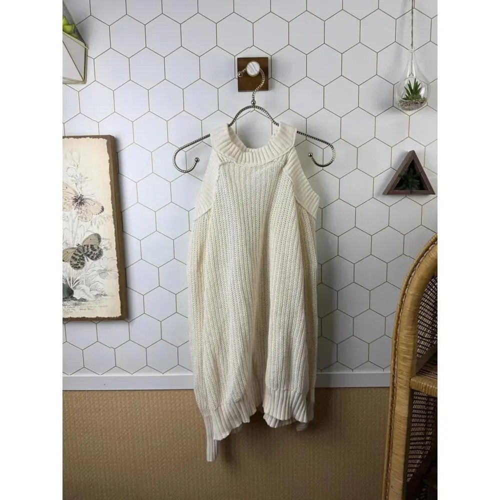 Free People Cream Strap Open Shoulder Half Moon Bay Rib Sweater - Size - Small